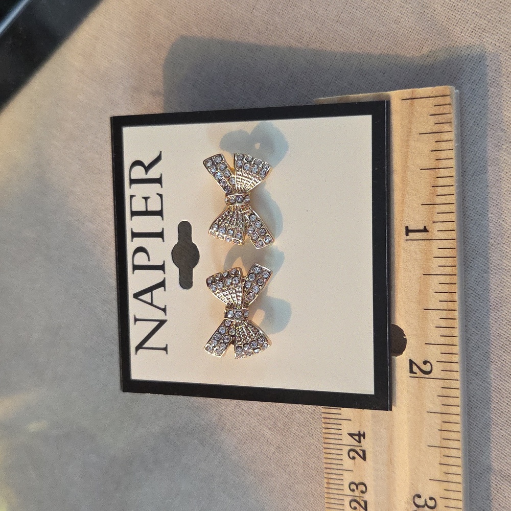 Napier Gold Bow Earrings. With Crystals. NWT - Picture 6 of 7